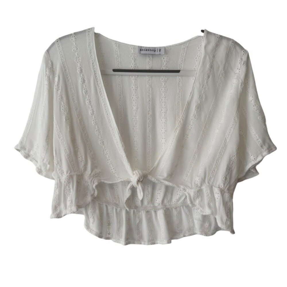Atikshop White Eyelet Embroidered Front Tie Ruffle Crop Top Womens Small